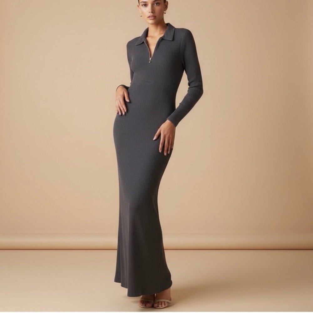 Vtg 90s Y2K Moda Int'l Gray Ribbed Cotton Blend Maxi Dress M Model off Duty VS